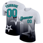 Custom White Teal-Black 3D Pattern Design Gradient Style Twinkle Star Performance T-Shirt