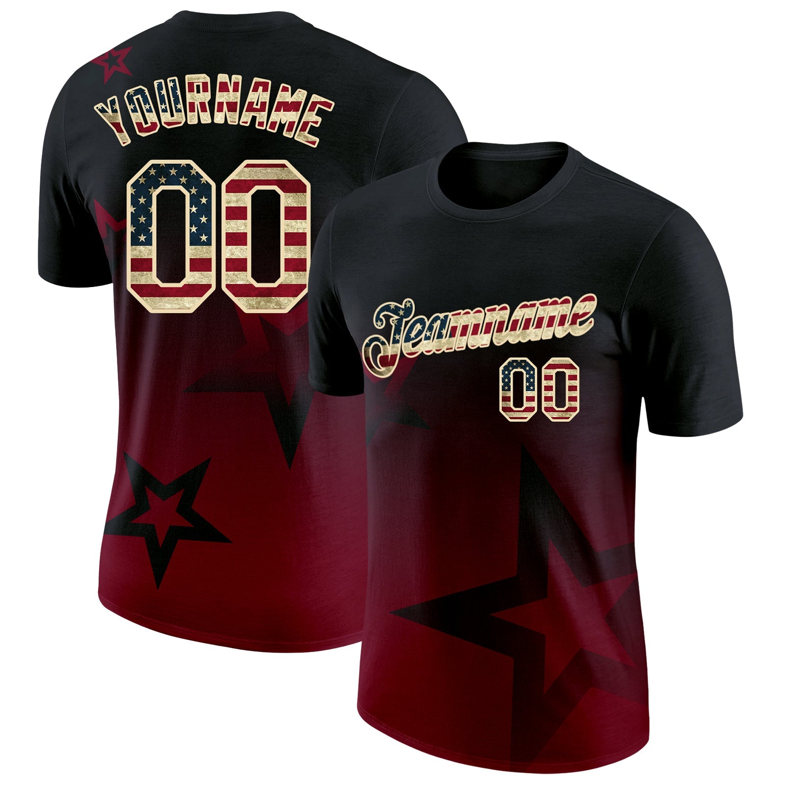 Custom Black Vintage USA Flag Crimson-Cream 3D Pattern Design Gradient Style Twinkle Star Performance T-Shirt
