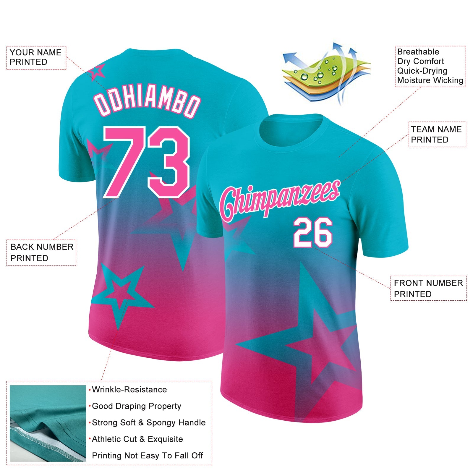 Custom Lakes Blue Pink-White 3D Pattern Design Gradient Style Twinkle Star Performance T-Shirt