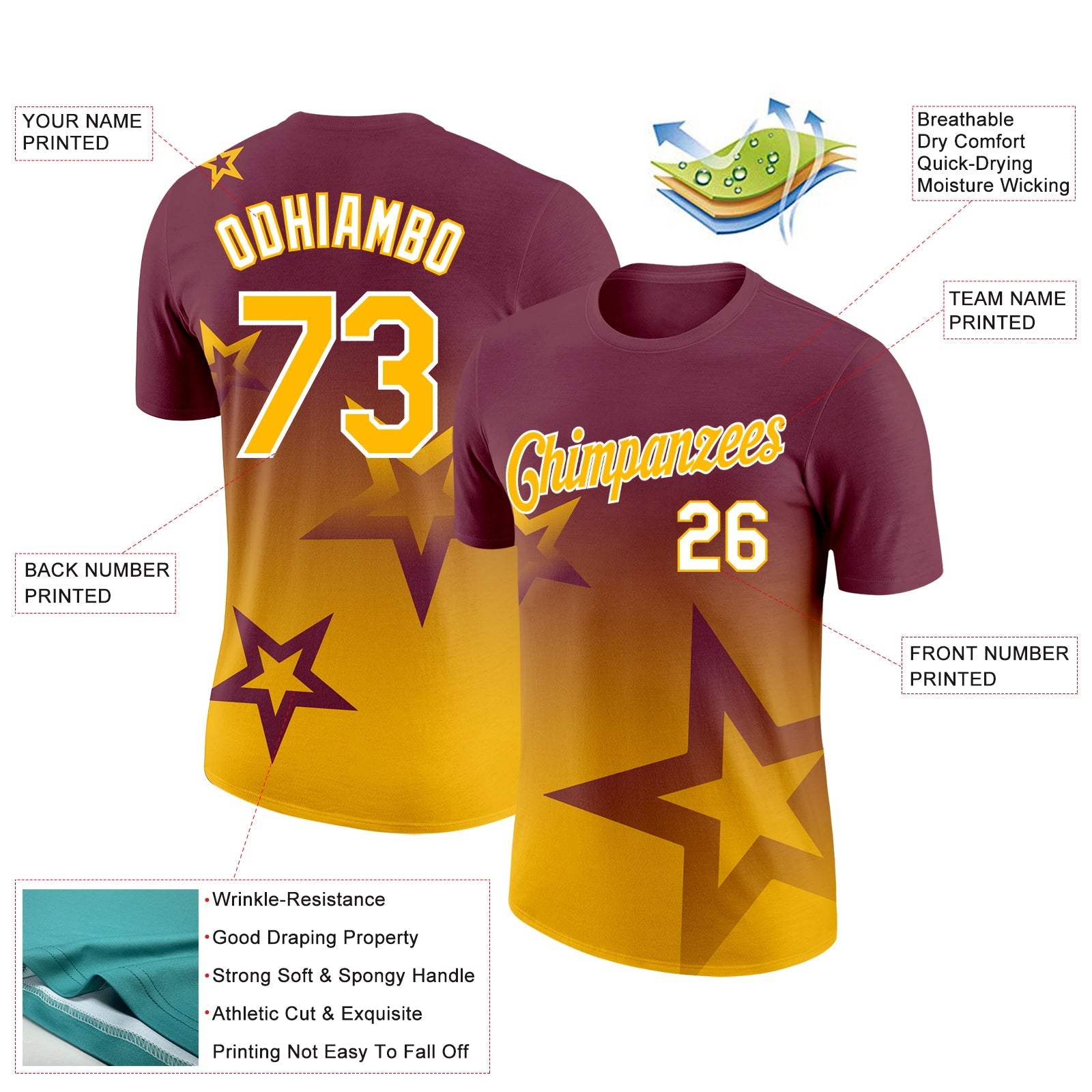 Custom Burgundy Gold-White 3D Pattern Design Gradient Style Twinkle Star Performance T-Shirt