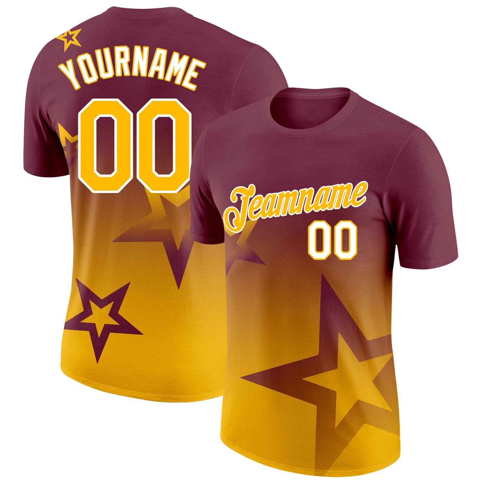 Custom Burgundy Gold-White 3D Pattern Design Gradient Style Twinkle Star Performance T-Shirt