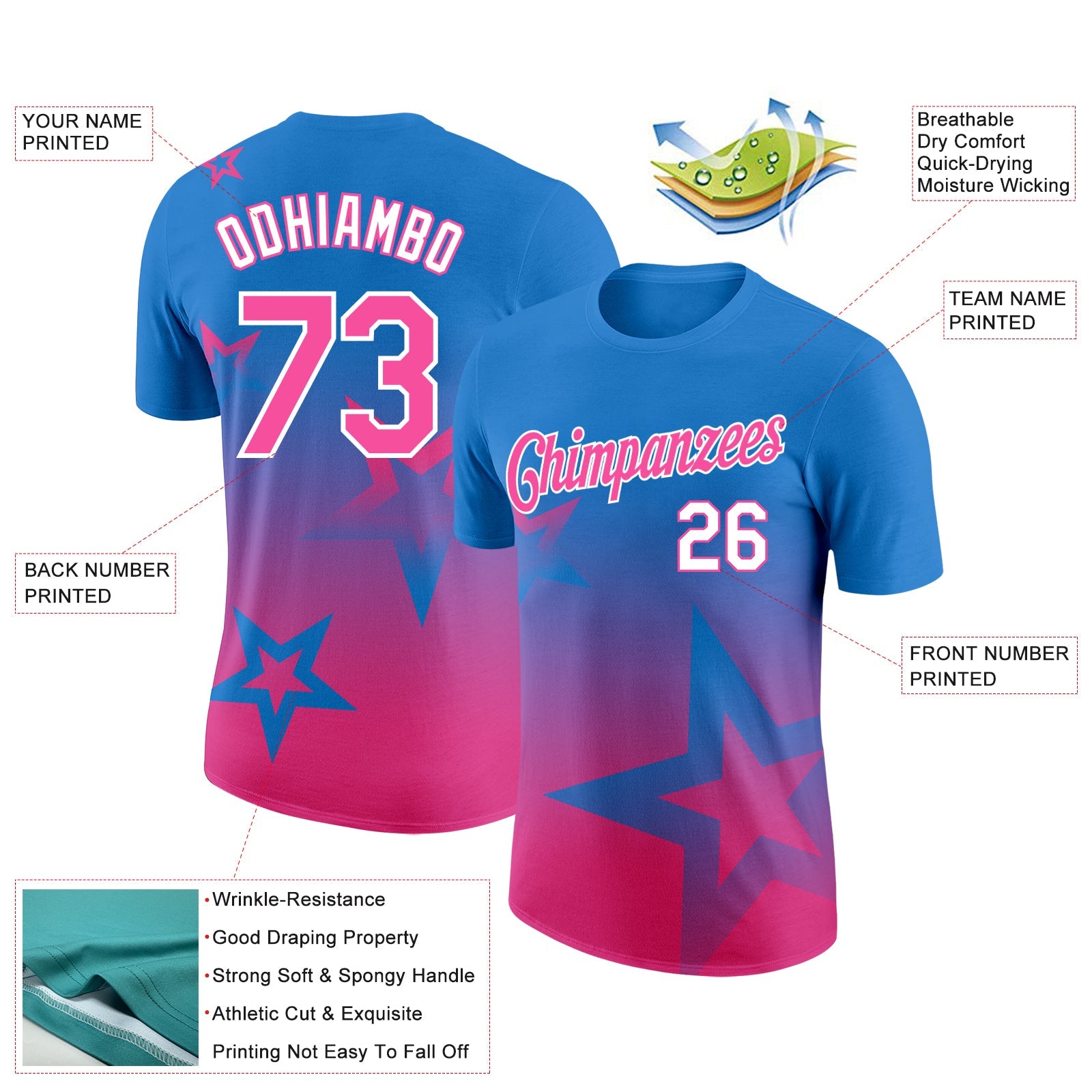 Custom Powder Blue Pink-White 3D Pattern Design Gradient Style Twinkle Star Performance T-Shirt