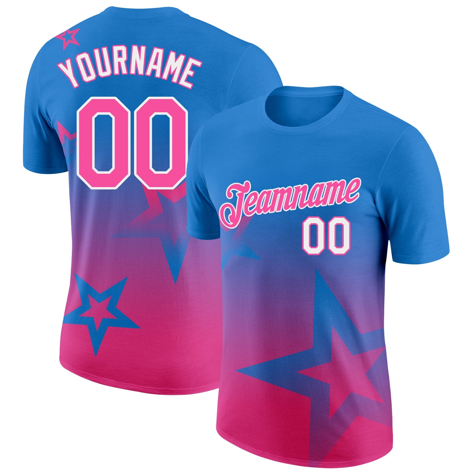 Custom Powder Blue Pink-White 3D Pattern Design Gradient Style Twinkle Star Performance T-Shirt