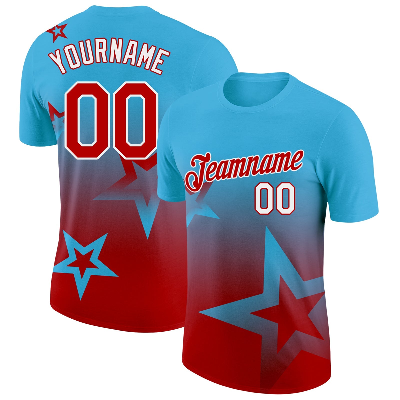 Custom Sky Blue Red-White 3D Pattern Design Gradient Style Twinkle Star Performance T-Shirt