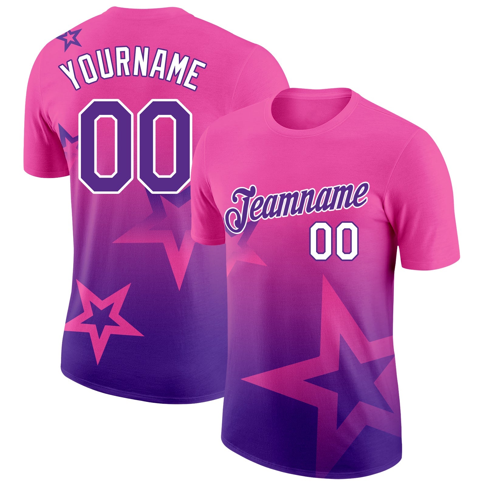 Custom Pink Purple-White 3D Pattern Design Gradient Style Twinkle Star Performance T-Shirt