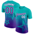 Custom Aqua Purple-White 3D Pattern Design Gradient Style Twinkle Star Performance T-Shirt
