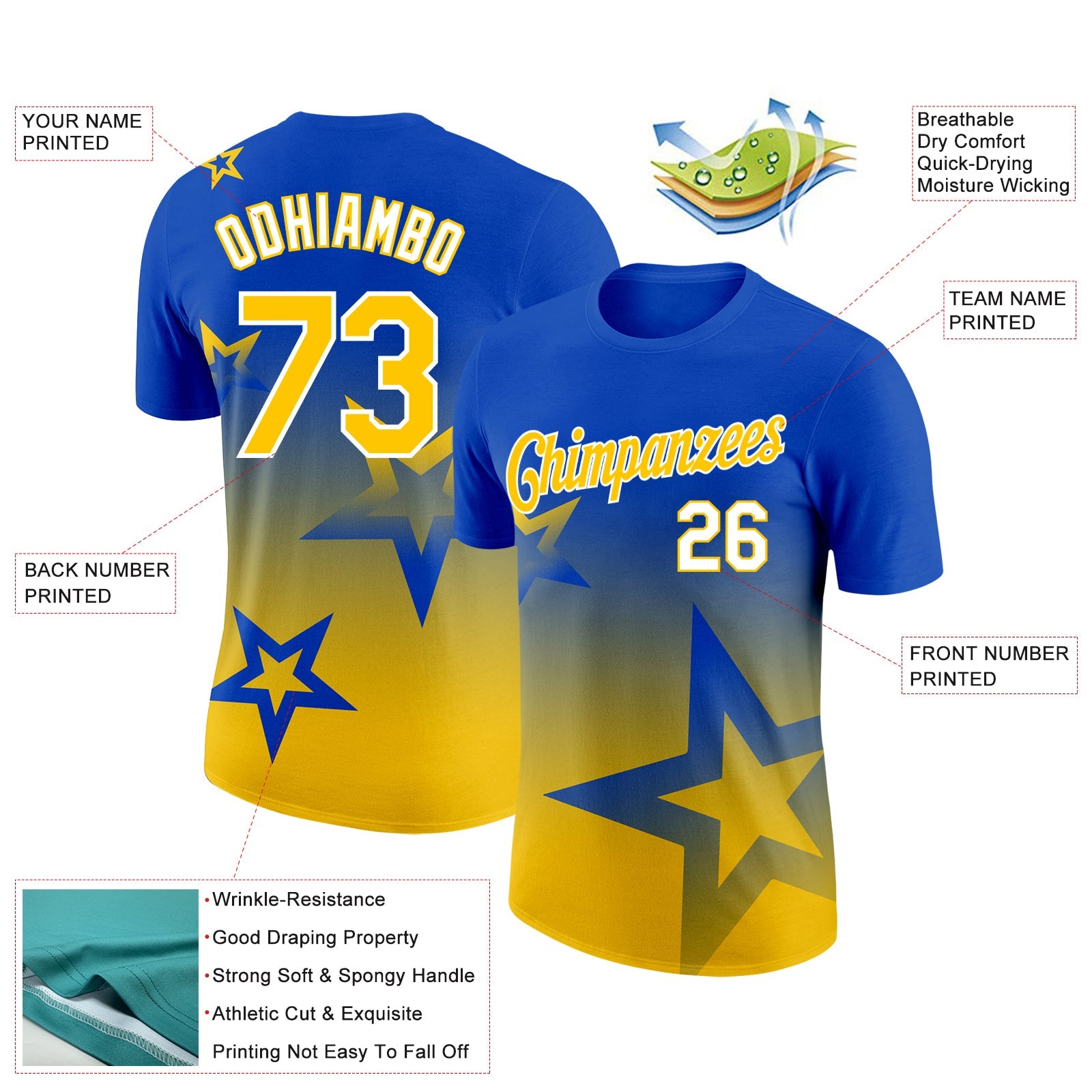 Custom Thunder Blue Yellow-White 3D Pattern Design Gradient Style Twinkle Star Performance T-Shirt