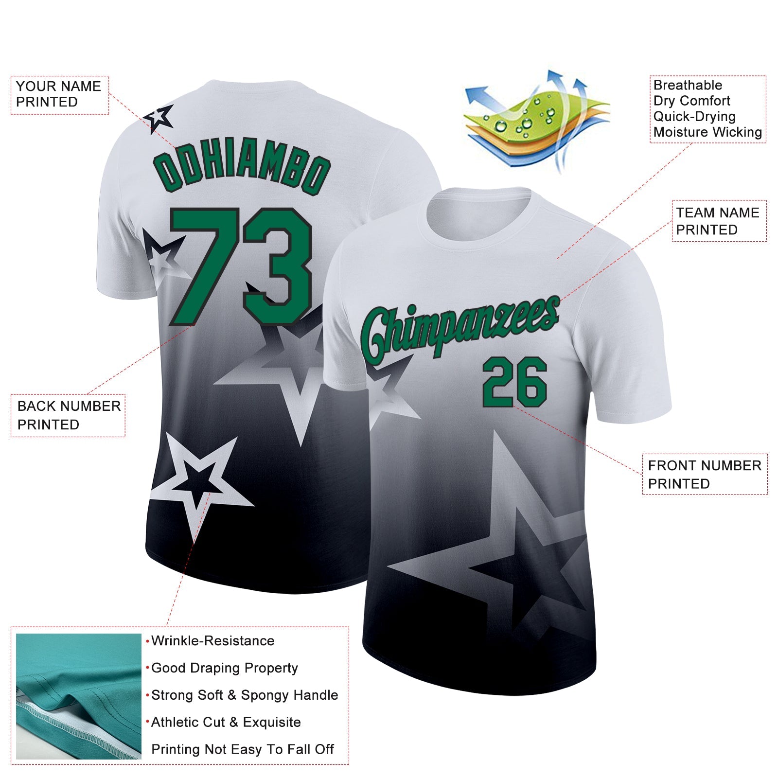 Custom White Kelly Green-Black 3D Pattern Design Gradient Style Twinkle Star Performance T-Shirt