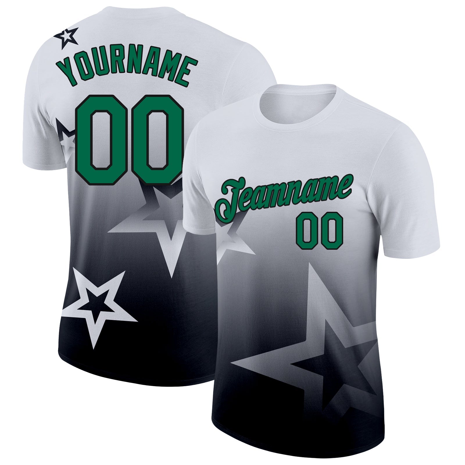 Custom White Kelly Green-Black 3D Pattern Design Gradient Style Twinkle Star Performance T-Shirt