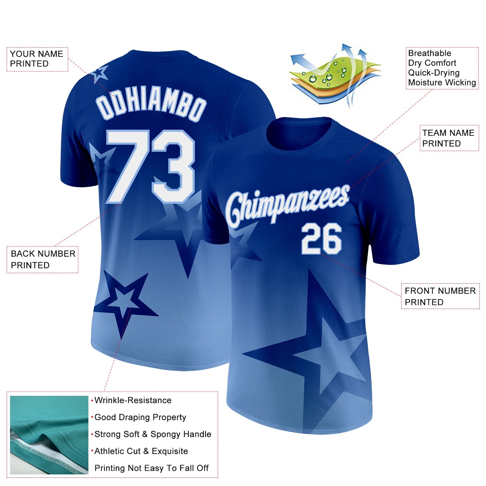 Custom Royal White-Light Blue 3D Pattern Design Gradient Style Twinkle Star Performance T-Shirt
