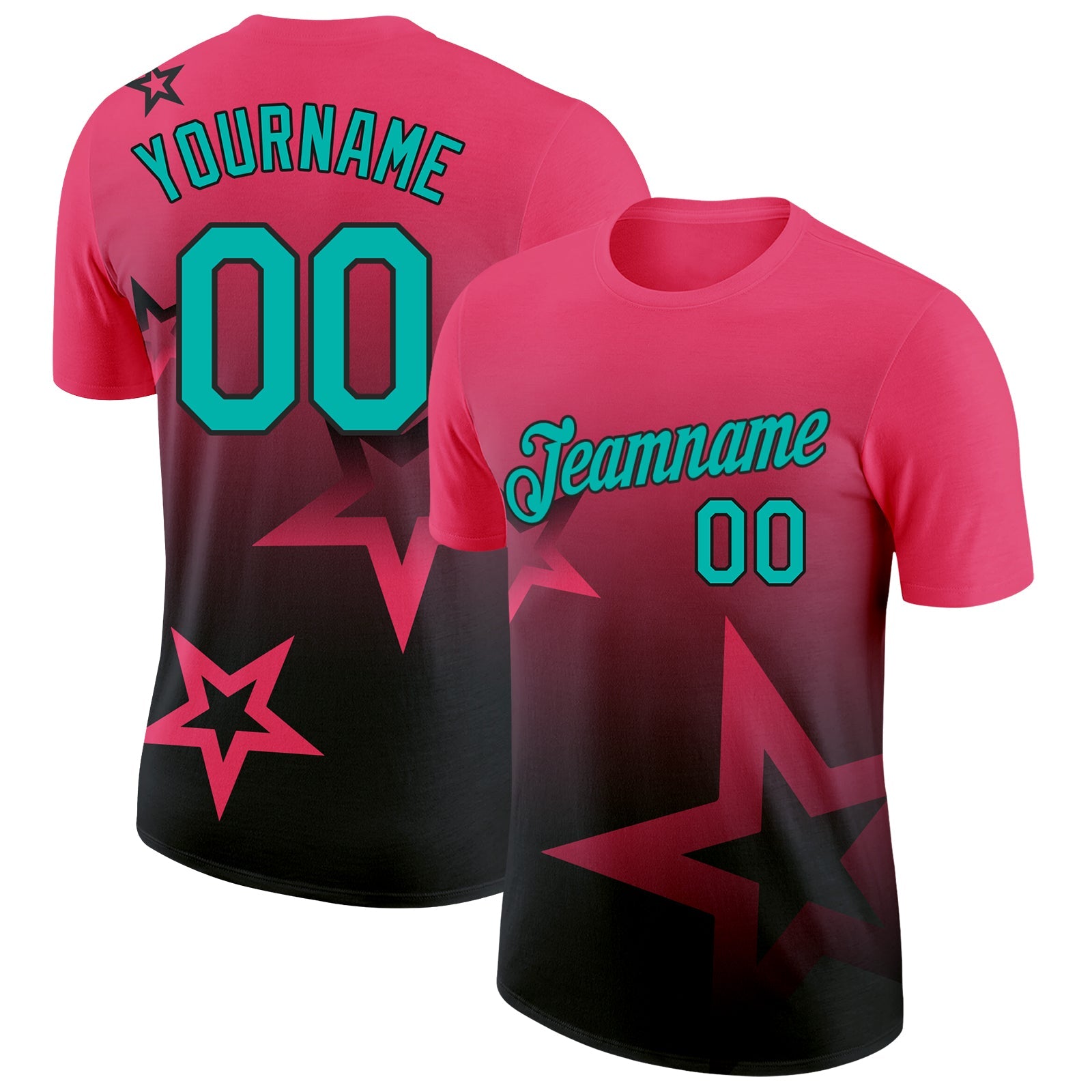 Custom Neon Pink Aqua-Black 3D Pattern Design Gradient Style Twinkle Star Performance T-Shirt