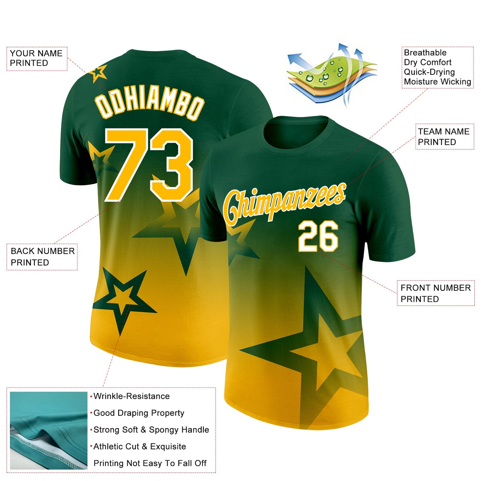 Custom Green Gold-White 3D Pattern Design Gradient Style Twinkle Star Performance T-Shirt