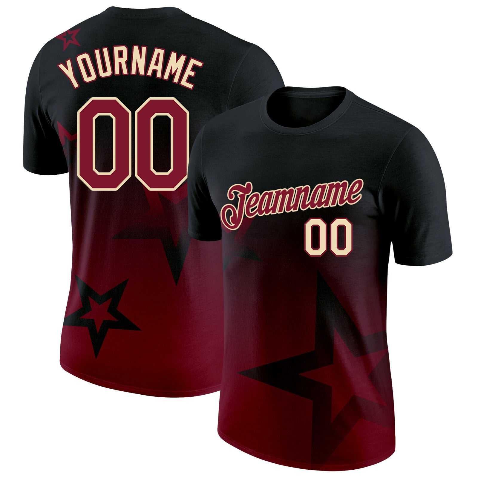 Custom Black Crimson-Cream 3D Pattern Design Gradient Style Twinkle Star Performance T-Shirt