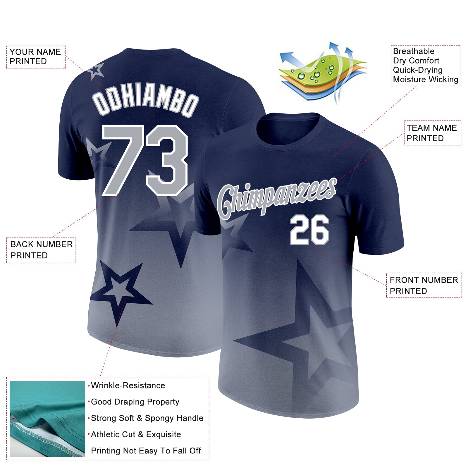 Custom Navy Gray-White 3D Pattern Design Gradient Style Twinkle Star Performance T-Shirt