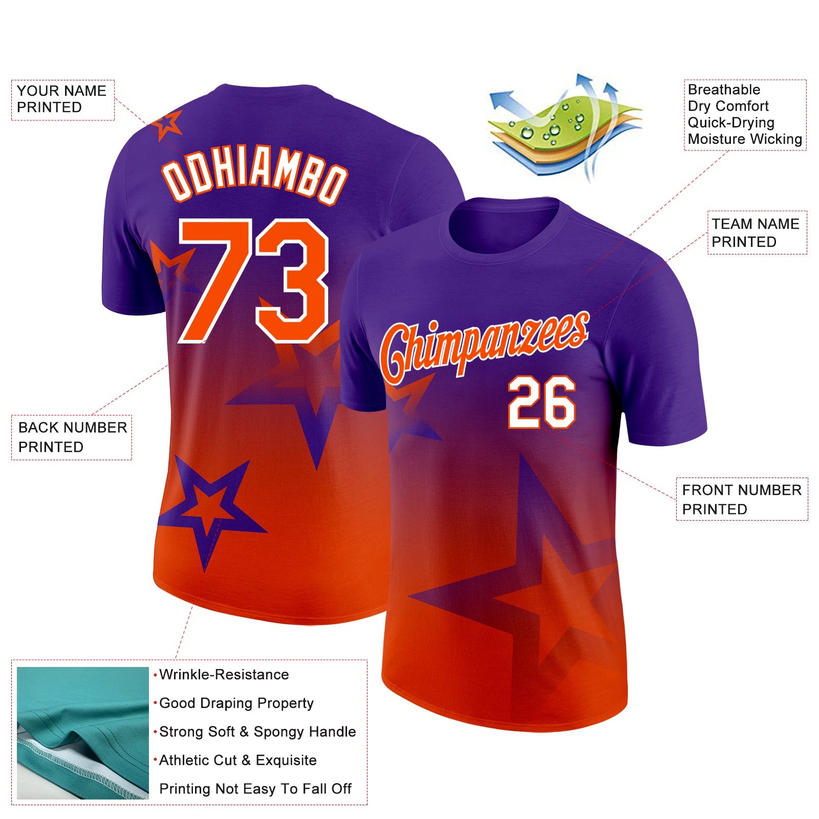 Custom Purple Orange-White 3D Pattern Design Gradient Style Twinkle Star Performance T-Shirt