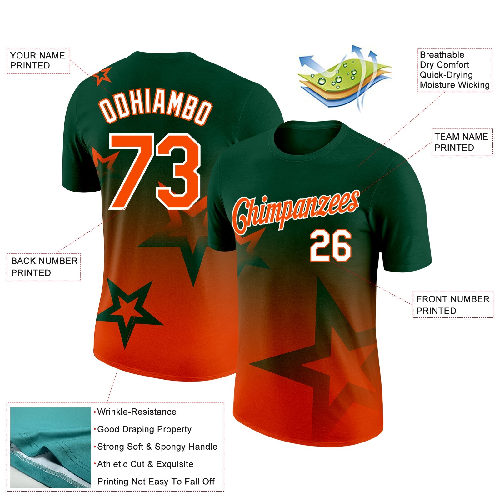 Custom Green Orange-White 3D Pattern Design Gradient Style Twinkle Star Performance T-Shirt