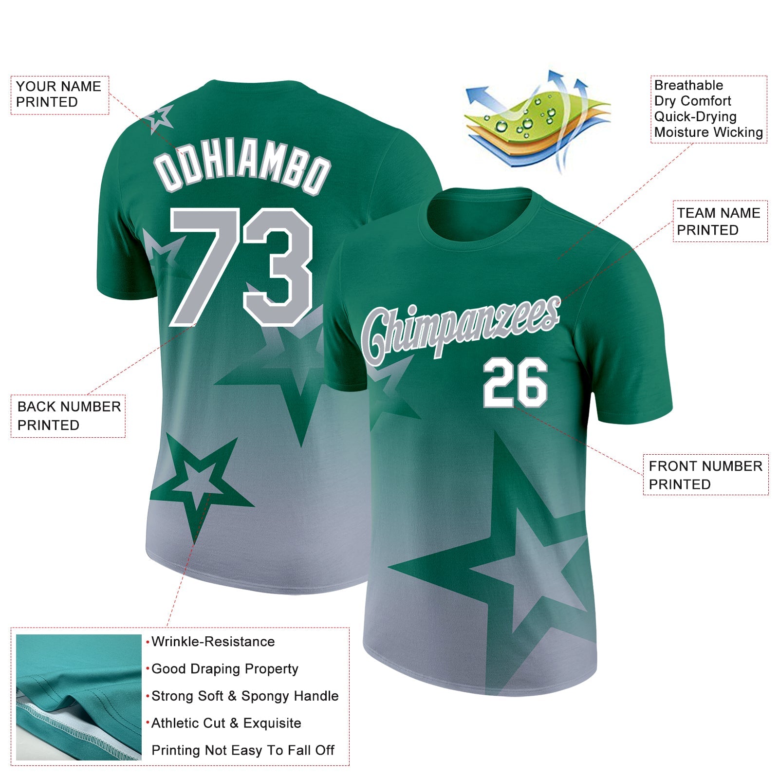 Custom Kelly Green Gray-White 3D Pattern Design Gradient Style Twinkle Star Performance T-Shirt