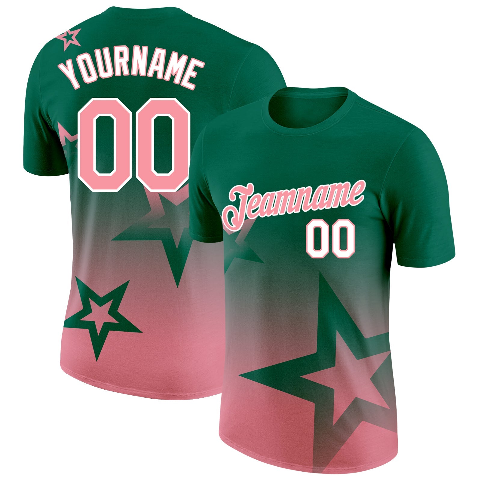 Custom Kelly Green Medium Pink-White 3D Pattern Design Gradient Style Twinkle Star Performance T-Shirt