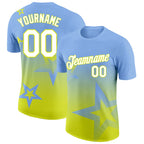 Custom Light Blue White-Neon Yellow 3D Pattern Design Gradient Style Twinkle Star Performance T-Shirt