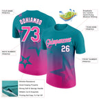 Custom Teal Pink-White 3D Pattern Design Gradient Style Twinkle Star Performance T-Shirt