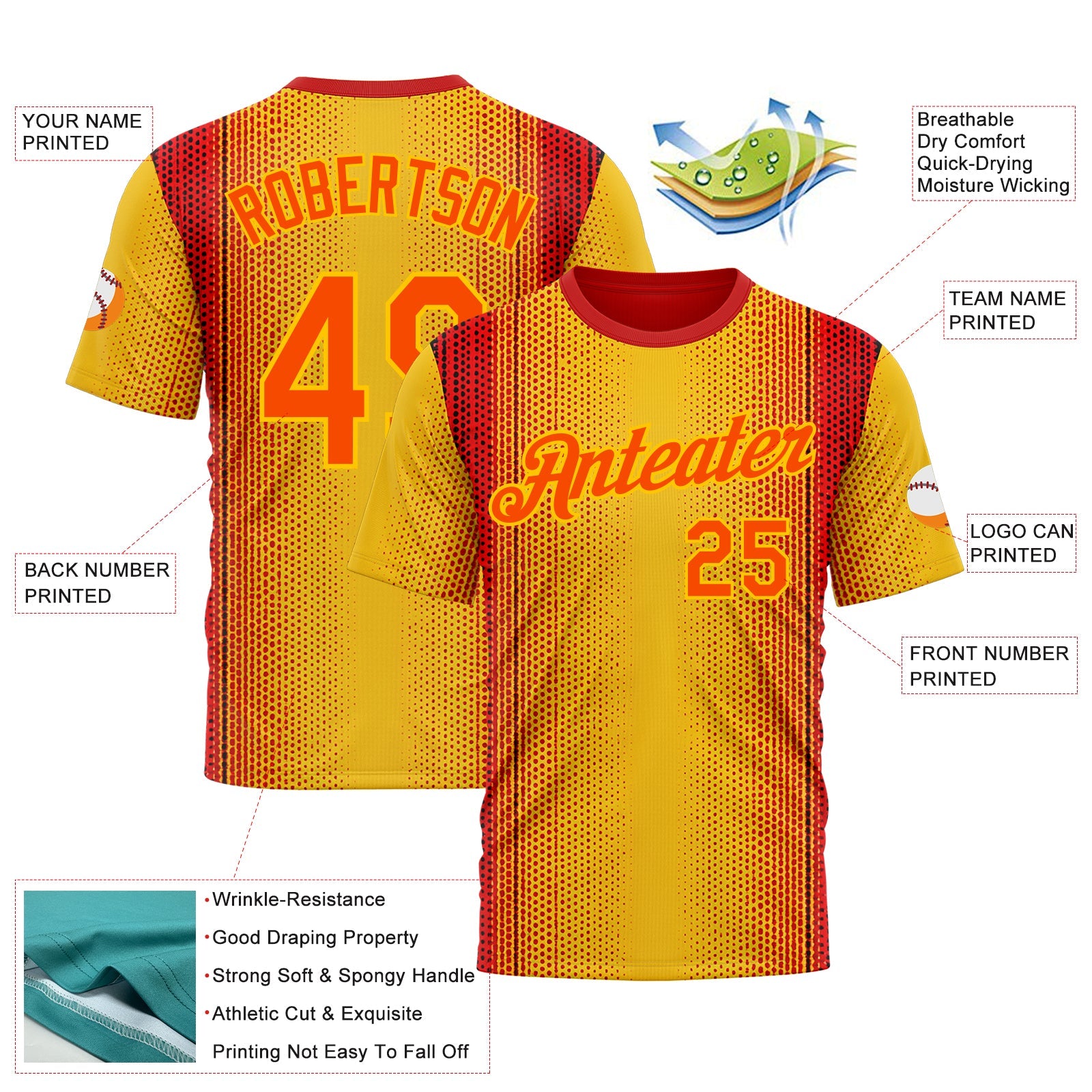 Custom Yellow Orange 3D Pattern Design Gradient Spain Sportswear Performance T-Shirt