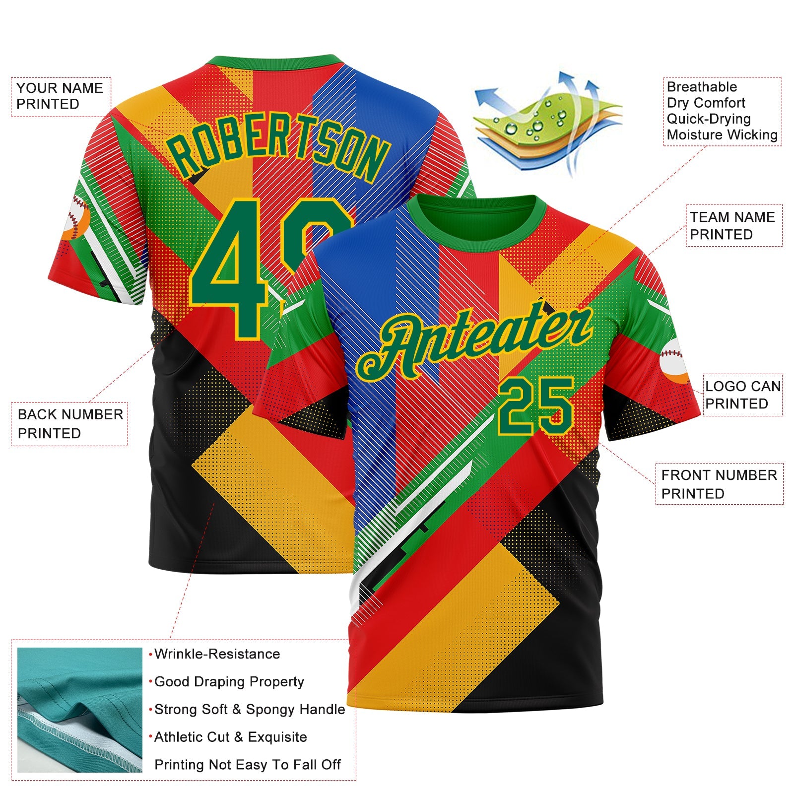 Custom Red Kelly Green Yellow Blue-Black 3D Pattern Design Africa Geometric Shape Sportswear Performance T-Shirt