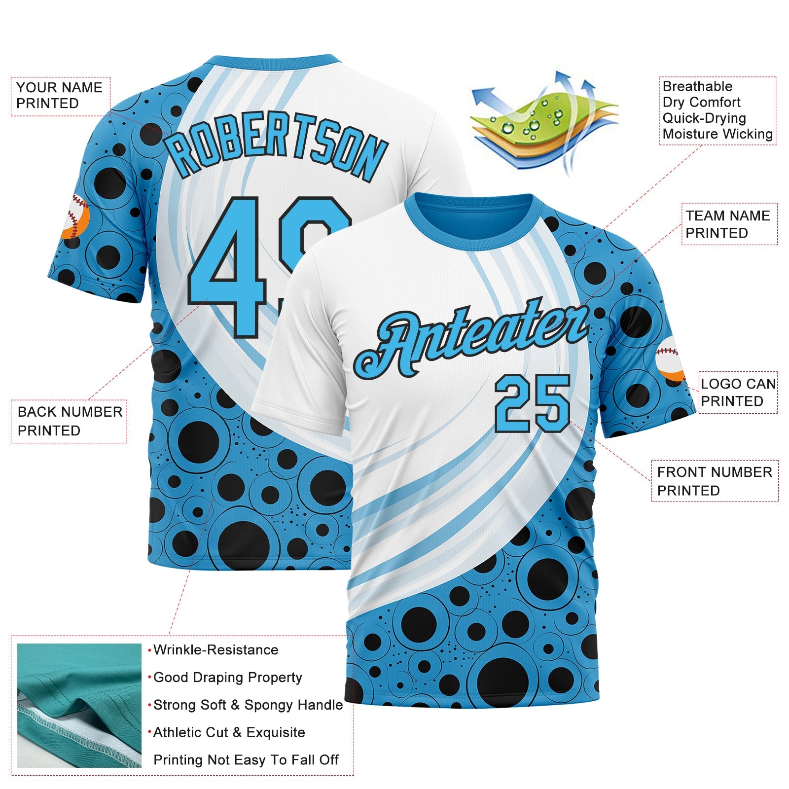 Custom White Sky Blue-Black 3D Pattern Design Argentina Sportswear Performance T-Shirt