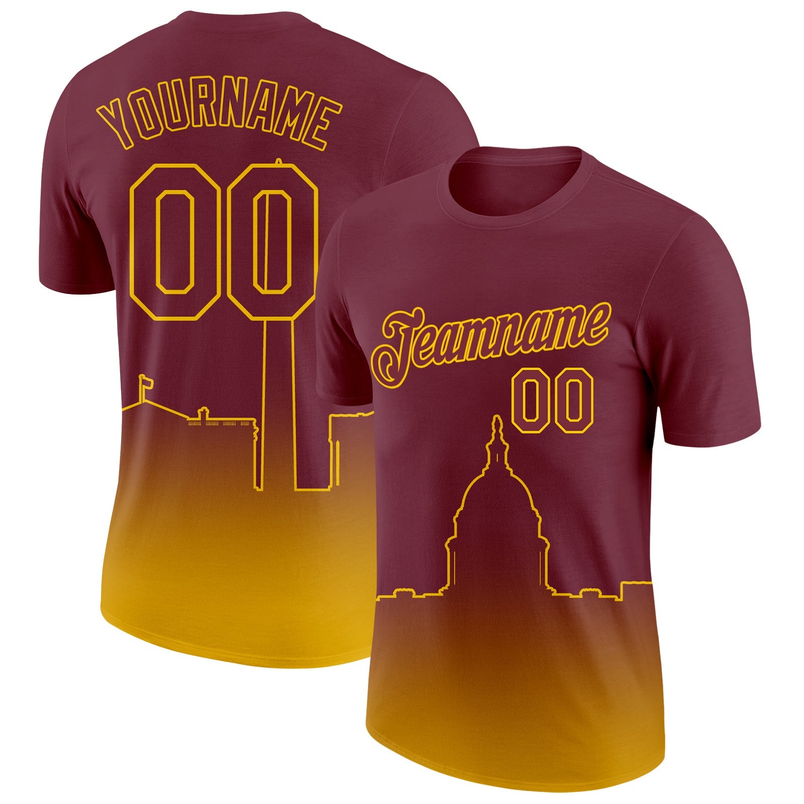 Custom Burgundy Yellow 3D Washington City Edition Fade Fashion Performance T-Shirt
