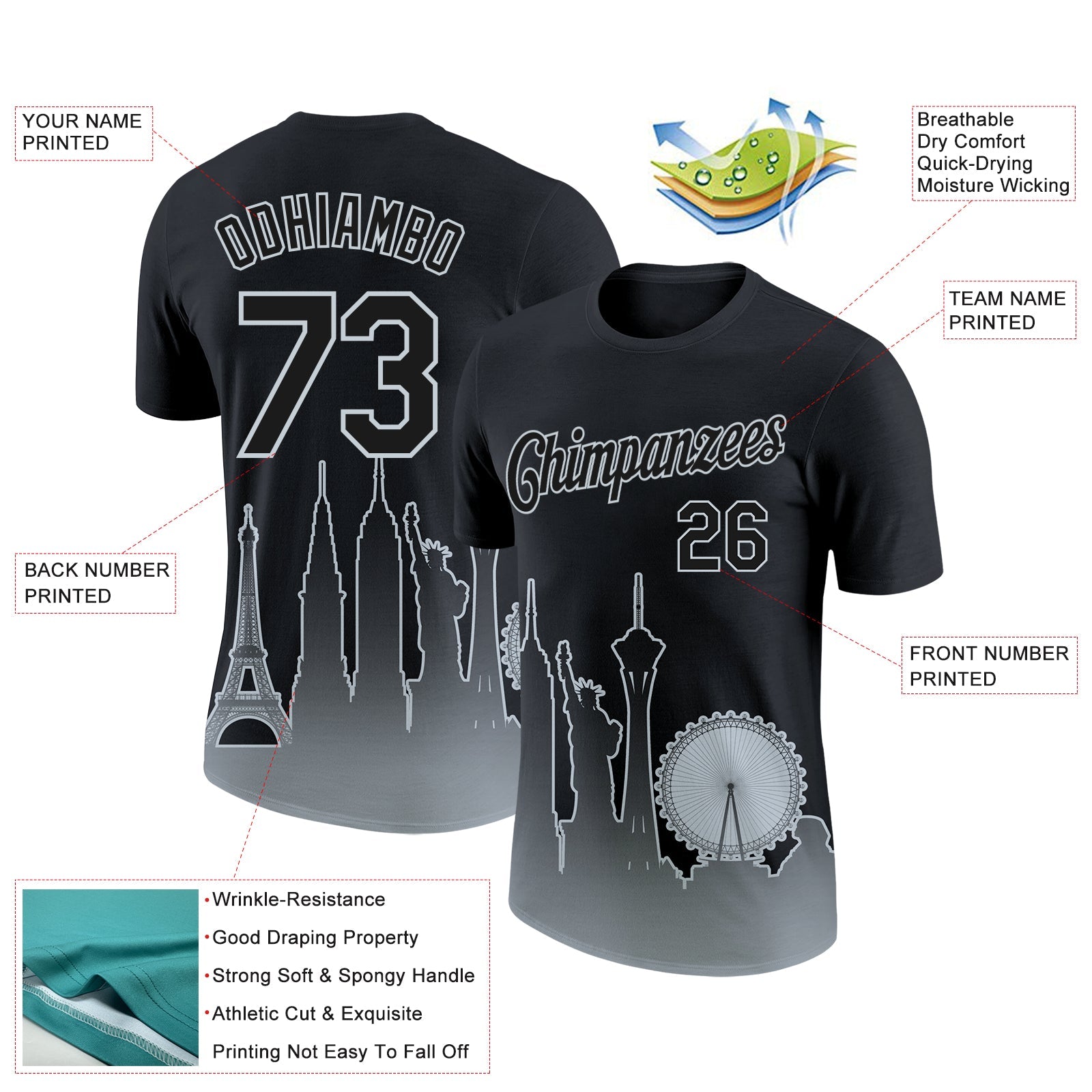 Custom Black Silver 3D Las Vegas City Edition Fade Fashion Performance T-Shirt