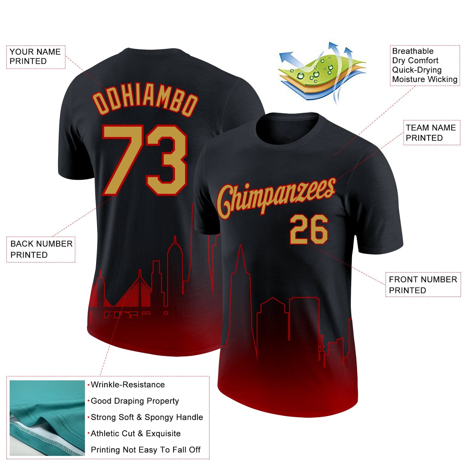 Custom Black Old Gold-Red 3D San Francisco City Edition Fade Fashion Performance T-Shirt