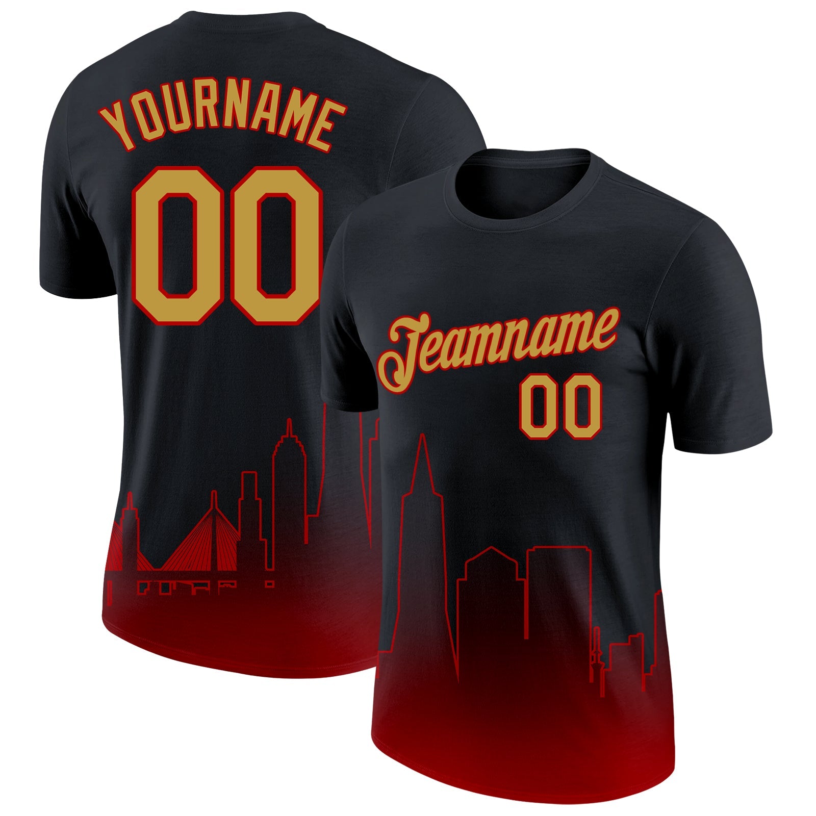 Custom Black Old Gold-Red 3D San Francisco City Edition Fade Fashion Performance T-Shirt