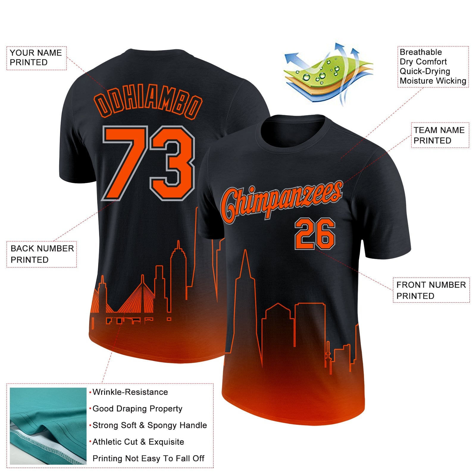 Custom Black Orange-Gray 3D San Francisco City Edition Fade Fashion Performance T-Shirt