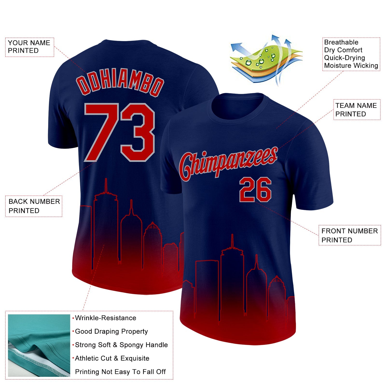 Custom Navy Red-Gray 3D Boston City Edition Fade Fashion Performance T-Shirt