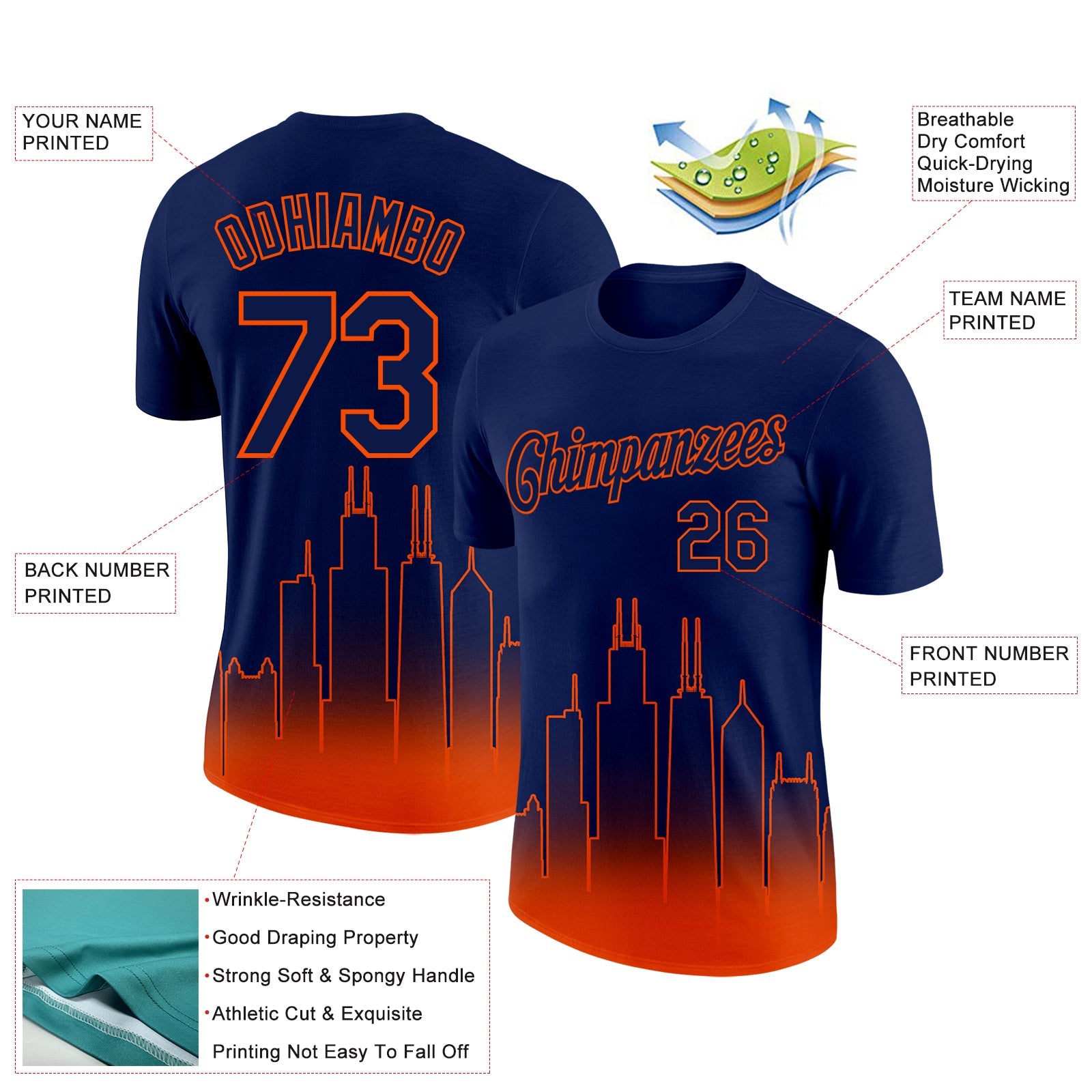 Custom Navy Orange 3D Chicago City Edition Fade Fashion Performance T-Shirt