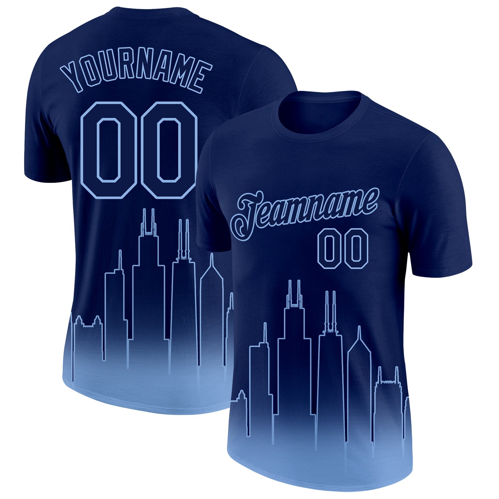 Custom Navy Light Blue 3D Chicago City Edition Fade Fashion Performance T-Shirt