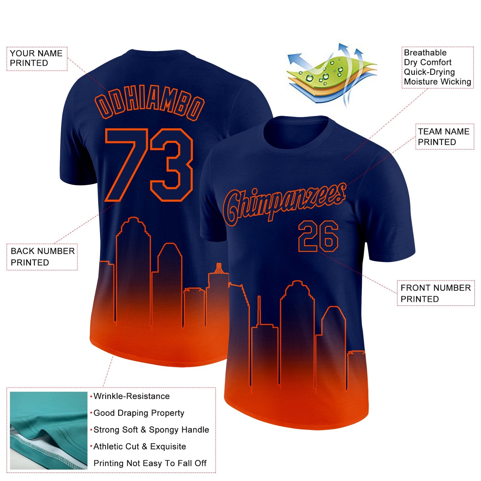 Custom Navy Orange 3D Houston City Edition Fade Fashion Performance T-Shirt
