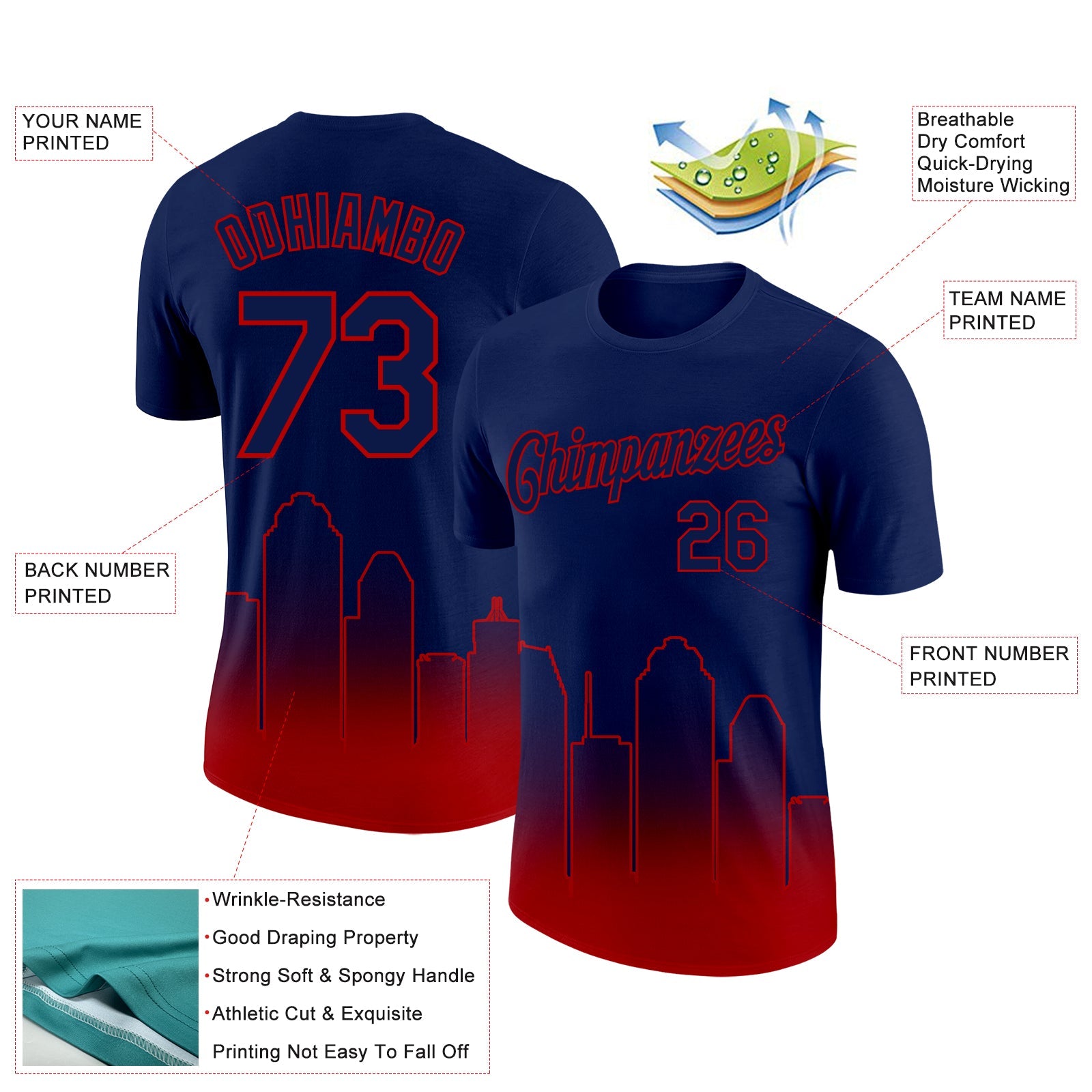 Custom Navy Red 3D Houston City Edition Fade Fashion Performance T-Shirt