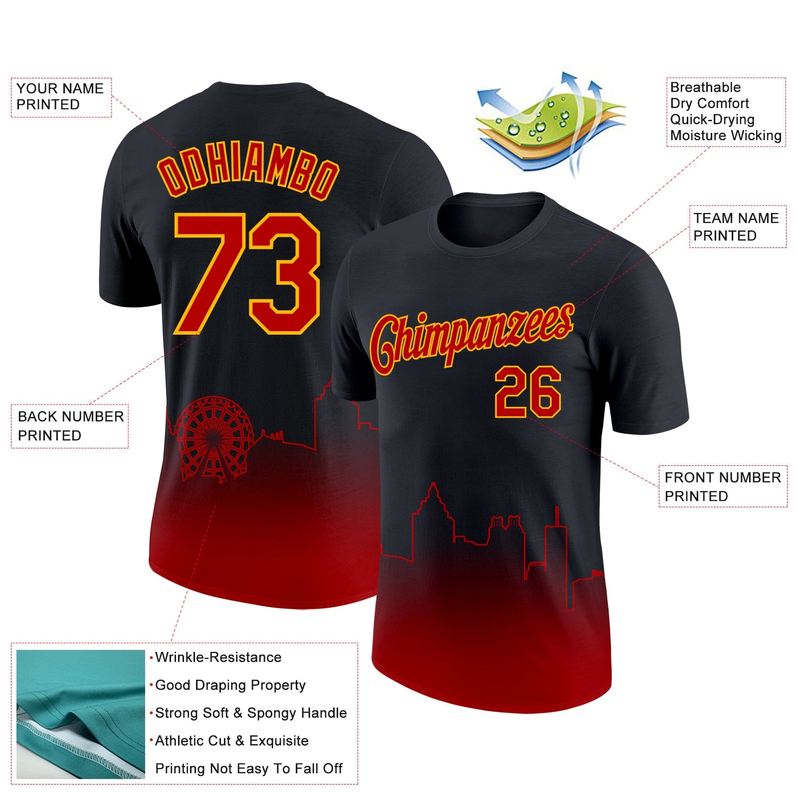 Custom Black Red-Gold 3D Atlanta City Edition Fade Fashion Performance T-Shirt