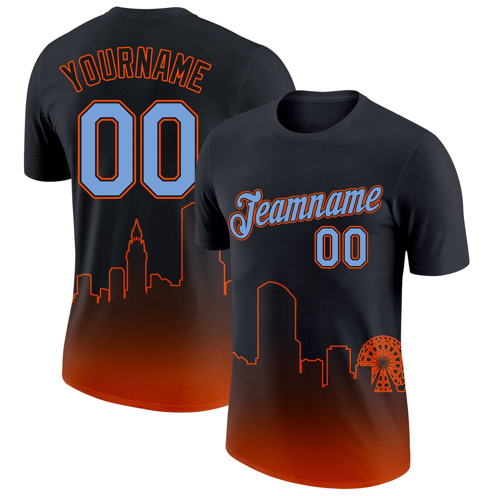 Custom Black Powder Blue-Orange 3D Miami City Edition Fade Fashion Performance T-Shirt