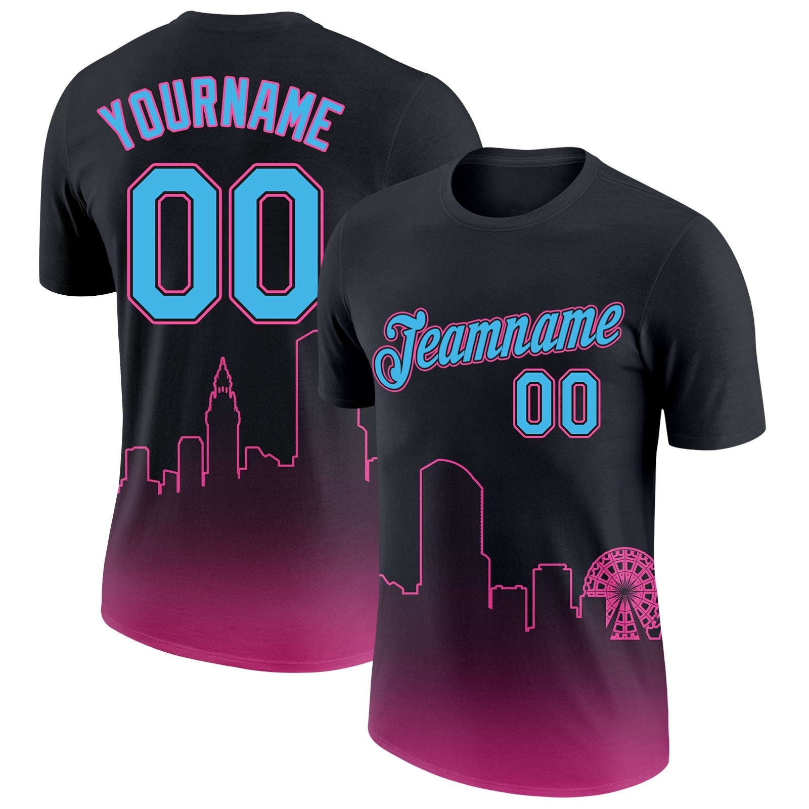 Custom Black Sky Blue-Pink 3D Miami City Edition Fade Fashion Performance T-Shirt