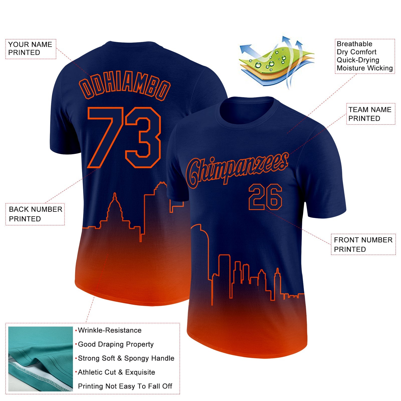 Custom Navy Orange 3D Denver City Edition Fade Fashion Performance T-Shirt