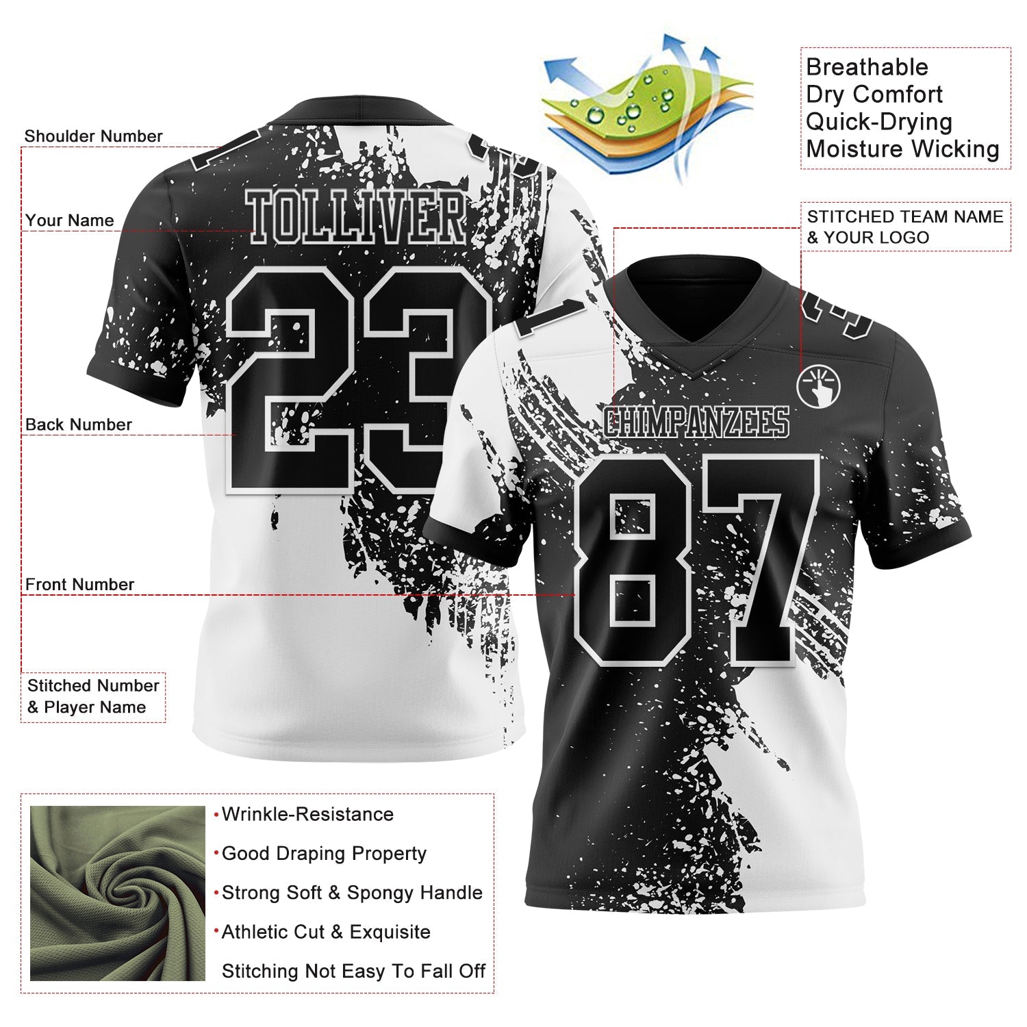 Custom Black White 3D Pattern Abstract Brush Stroke Authentic Football Jersey