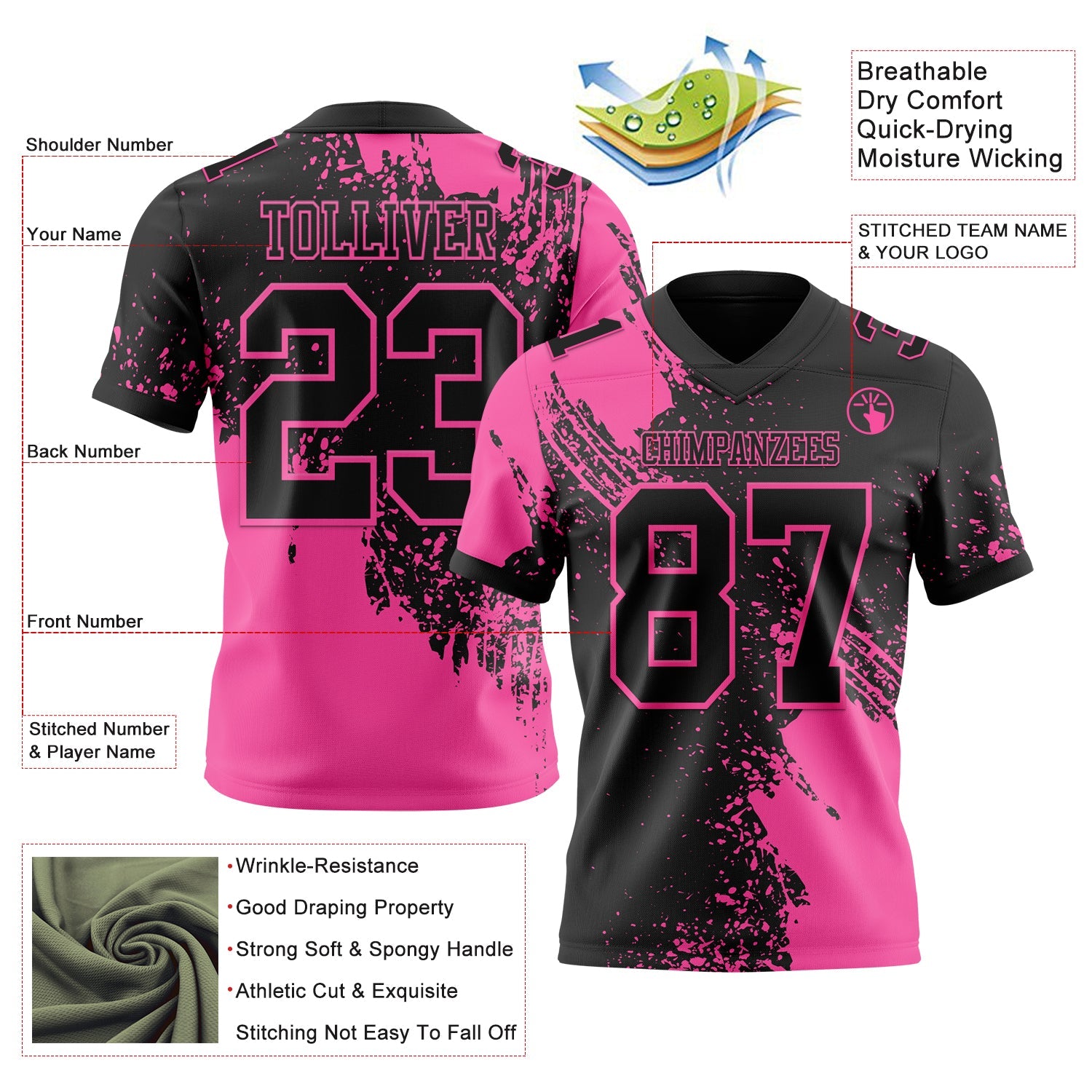 Custom Black Pink 3D Pattern Abstract Brush Stroke Authentic Football Jersey