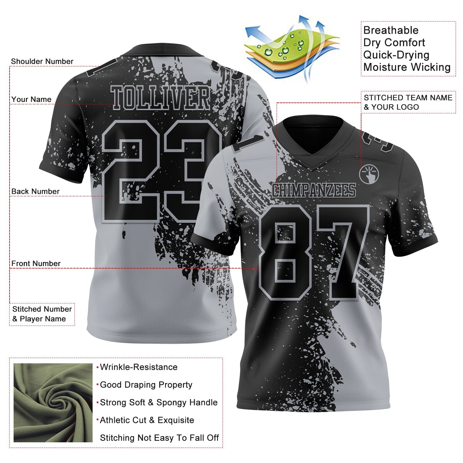 Custom Black Gray 3D Pattern Abstract Brush Stroke Authentic Football Jersey