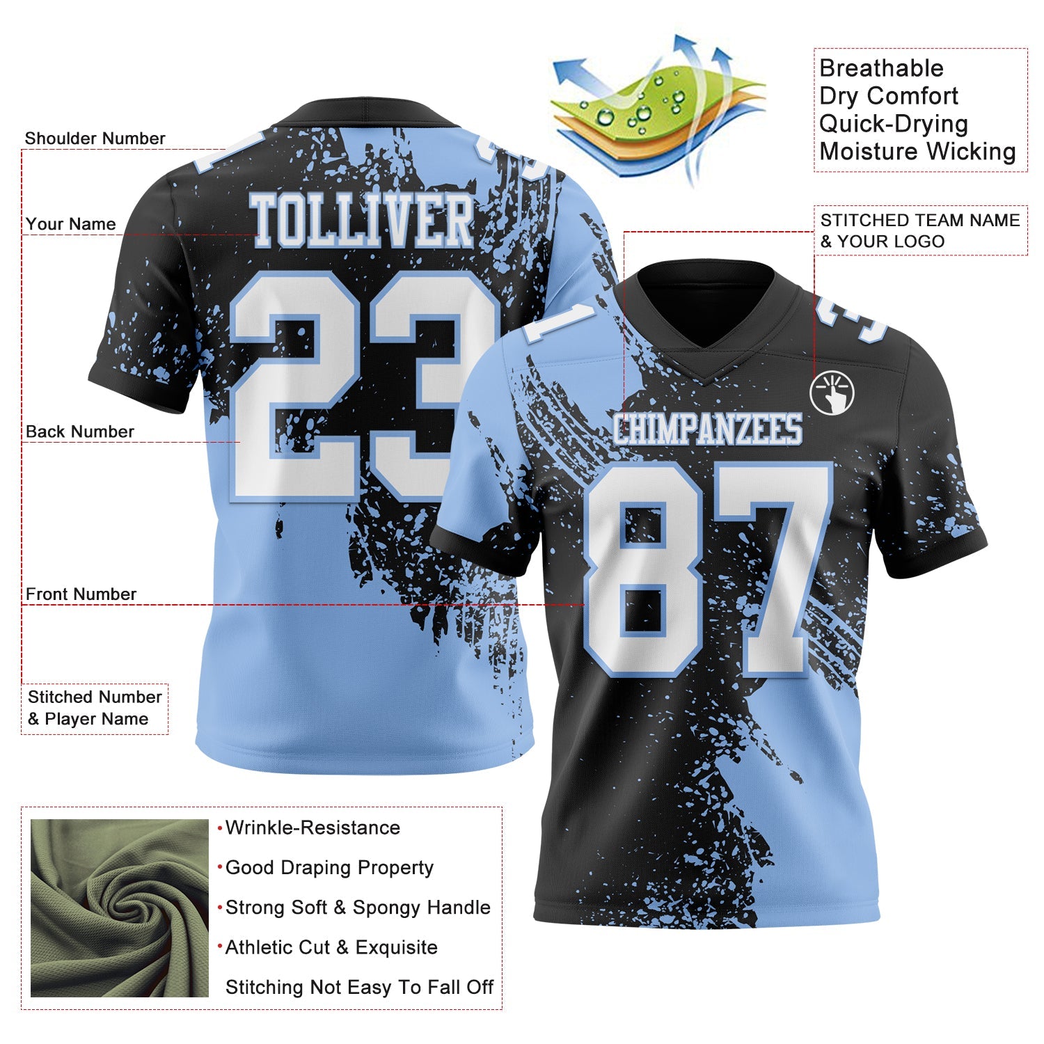 Custom Black White-Light Blue 3D Pattern Abstract Brush Stroke Authentic Football Jersey