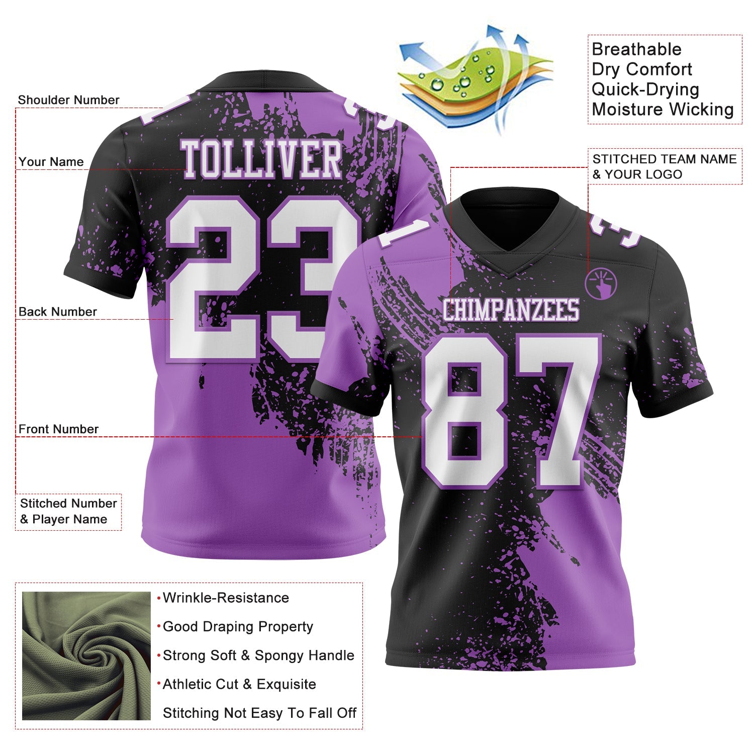Custom Black White-Medium Purple 3D Pattern Abstract Brush Stroke Authentic Football Jersey