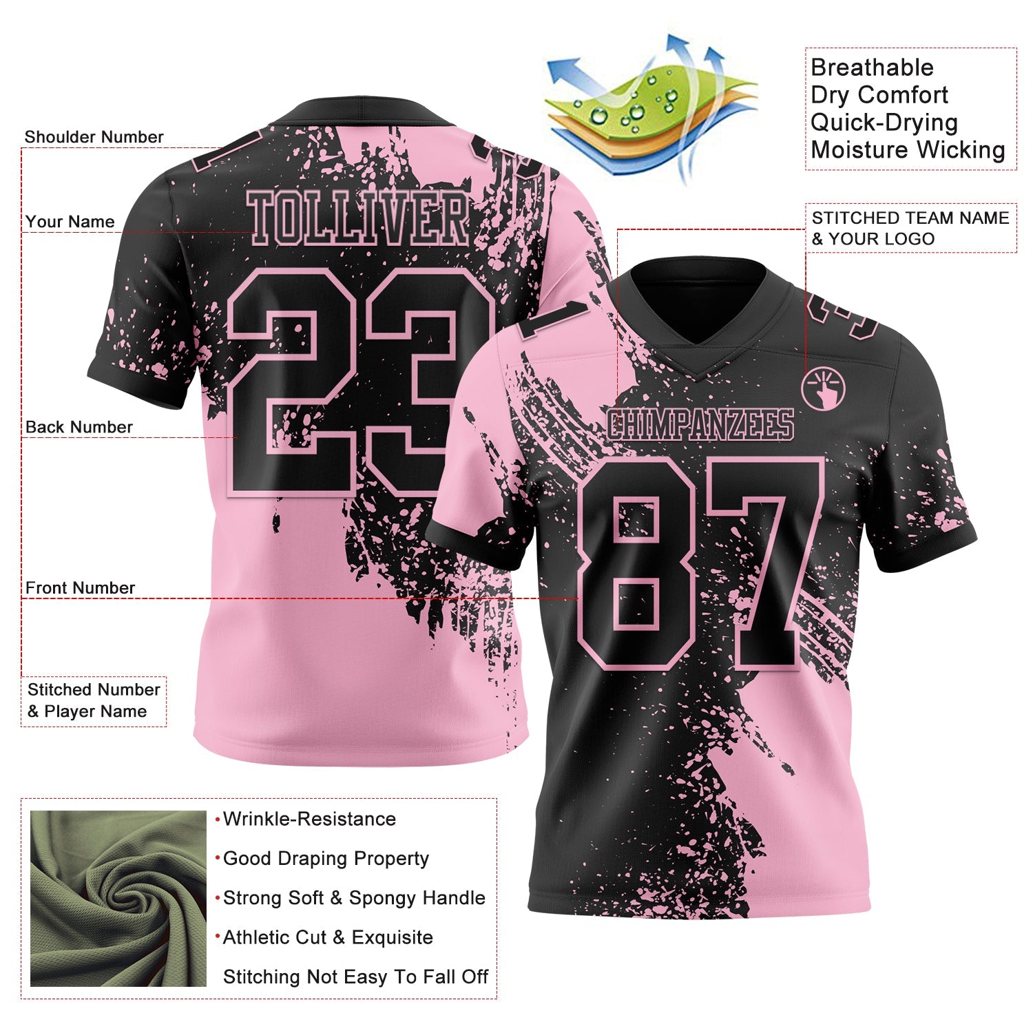 Custom Black Light Pink 3D Pattern Abstract Brush Stroke Authentic Football Jersey