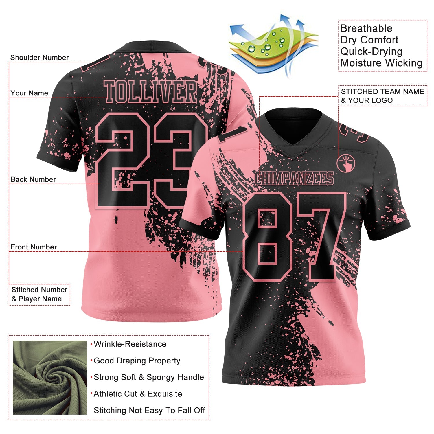 Custom Black Medium Pink 3D Pattern Abstract Brush Stroke Authentic Football Jersey