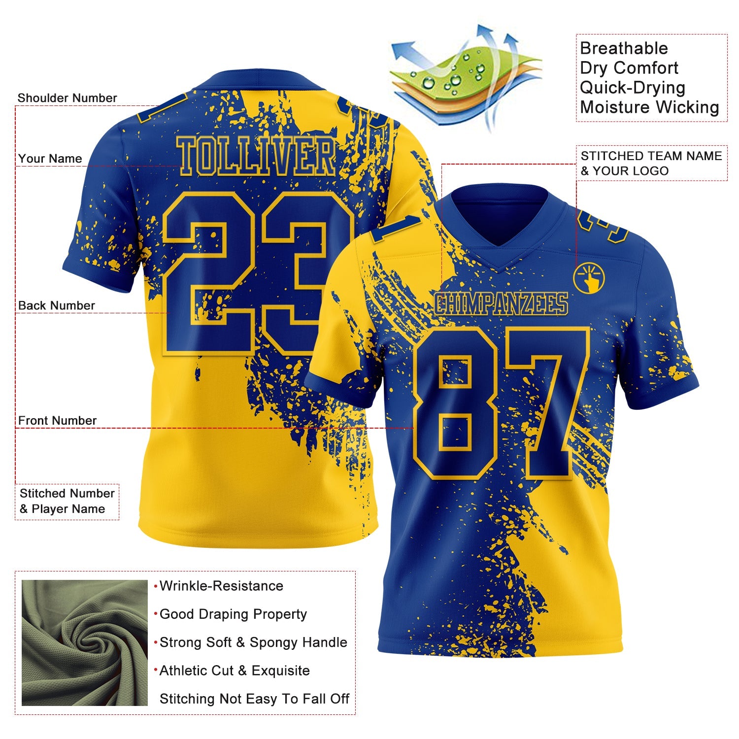 Custom Royal Yellow 3D Pattern Abstract Brush Stroke Authentic Football Jersey