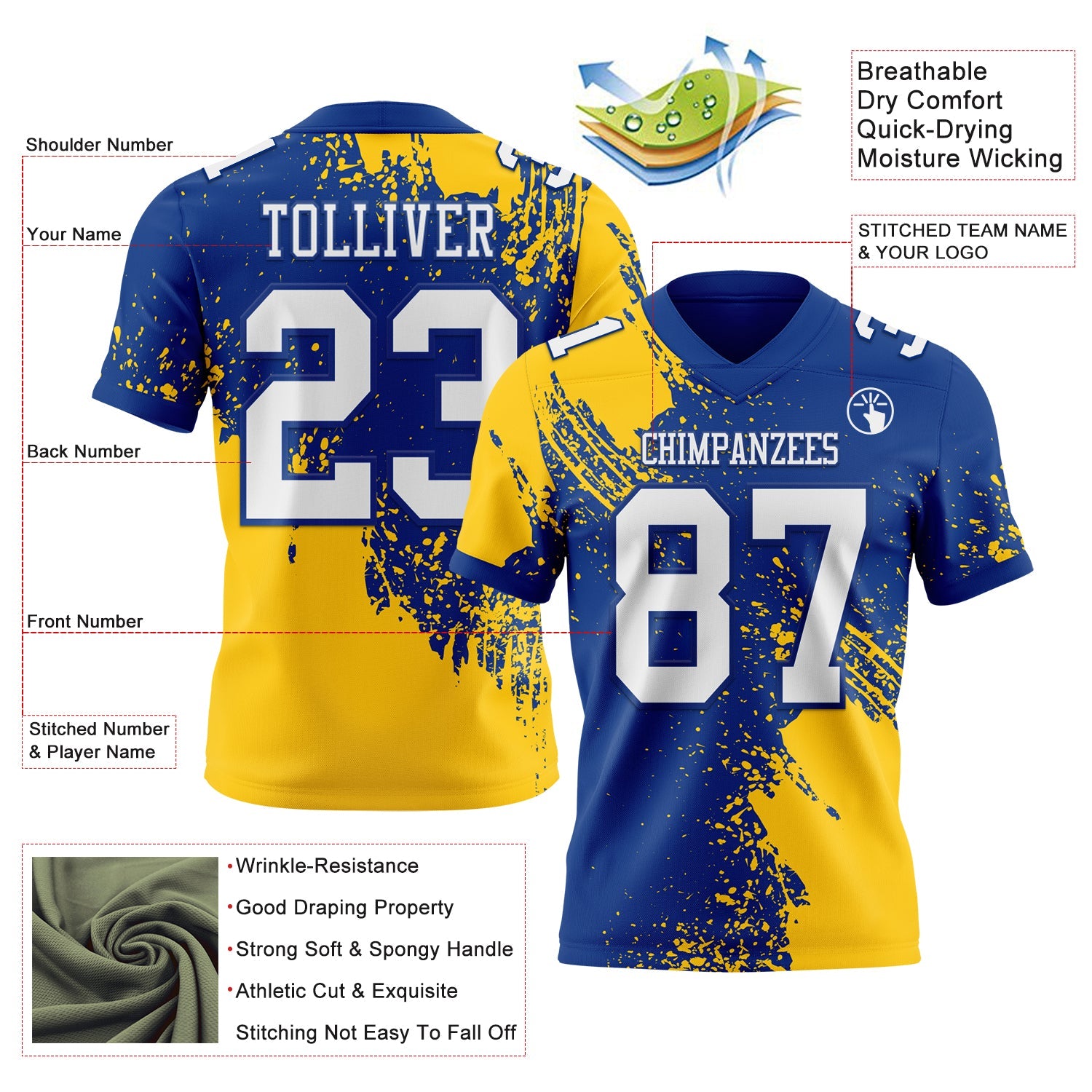 Custom Royal White-Gold 3D Pattern Abstract Brush Stroke Authentic Football Jersey